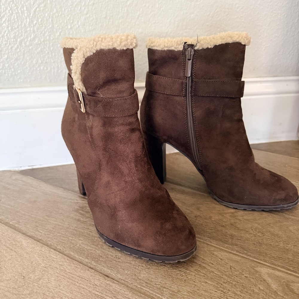 Impo Oralia Boots Womens Size 8 Brown Faux Suede Shearling Ankle Heel Booties